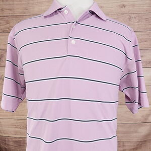 DUNNING GOLF REGULAR FIT PINK STRIPED POLYESTER POLO SHIRT MENS SIZE L LARGE